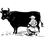 Desenho do homem ordenhando uma vaca vetorial