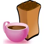 Vector image of pink cup of coffee with sack of coffee beans