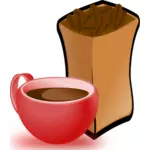 Vektorikuva punaisesta kahvikupista ja säkistä kahvipapuja