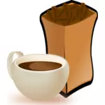 Vector image of beige cup of coffee with sack of coffee beans