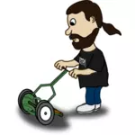Vector graphics of bearded guy pushing a reel mower