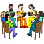 Ryhmä ihmisiä istuu tuolien vektorikuvassa