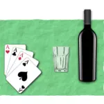 Vector illustration of four playing cards, a glass and bottle of wine
