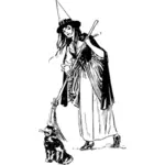 מכשפה יפה עם החתול בתמונה וקטורית