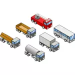 Vektorbild av fyra lastbilar, en buss och en brandman lastbil