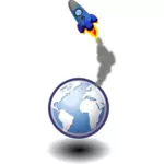 Vektor ilustrasi roket di ruang atas bumi