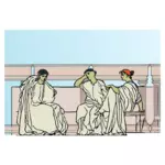 Gambar vektor perempuan di mengalir jubah duduk di bawah lengkungan Romawi