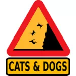 Vector illustration of falling cats and dogs warning road sign