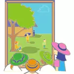 Vector image of kids looking out window