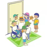 Group of kids with hats in front of door vector illustration