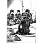 Sad Japanese family talking to father vector image
