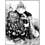 Gambar vektor tua Santa memegang sebuah pohon dan hadiah