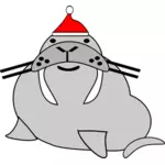 Vektor seni klip walrus dengan topi Santa