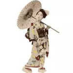 Дама в кимоно под солнцем зонтик векторное изображение