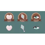 Vektortegning av emblemer for kjærlighet, skjønnhet og visjon
