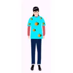 Vector graphics of trendy girl in light blue t- shirt with orange pattern