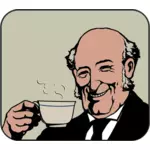秃头的男人喝热气腾腾的茶颜色矢量图像