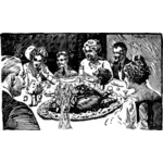 Vector image of family and guests around table for Thanksgiving