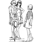 Vector illustration of line art of three young ladies chatting on pavement