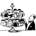 Kellner neben Auswahl an Kuchen-Vektor-illustration