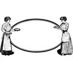 Graphiques vectoriels du tableau d'affichage restaurant avec serveurs de deux femmes de chaque côté