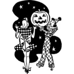 Vector clip art of Halloween ladies holding a carved pumpkin