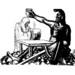 Illustration of warrior figure sitting on a pile of skulls