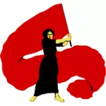 Vektor ilustrasi proletar wanita melambaikan bendera merah
