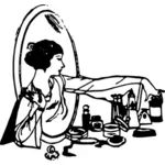 Vector drawing of woman picking a perfume at make-up table