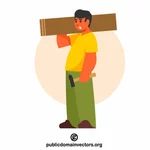 Worker with planks and hammer