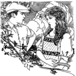 Vector drawing of young man and woman in a row outdoors