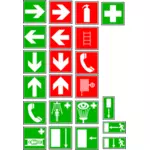 Fire exit and medical instruction signs vector drawing